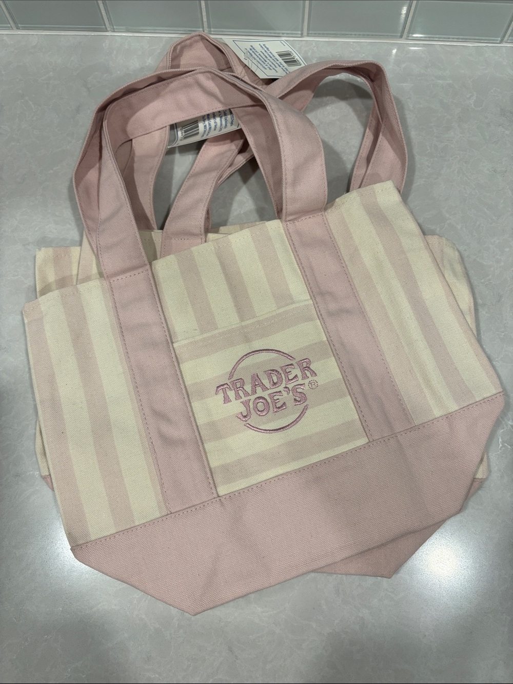 Trader Joe's TikTok Pink Striped Canvas Tote Bag
